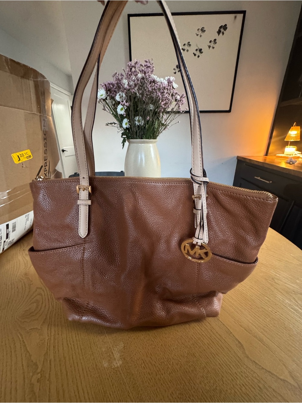 Michael Kors Tan and Cream Leather Pebbled Tote with Gold MK Charm